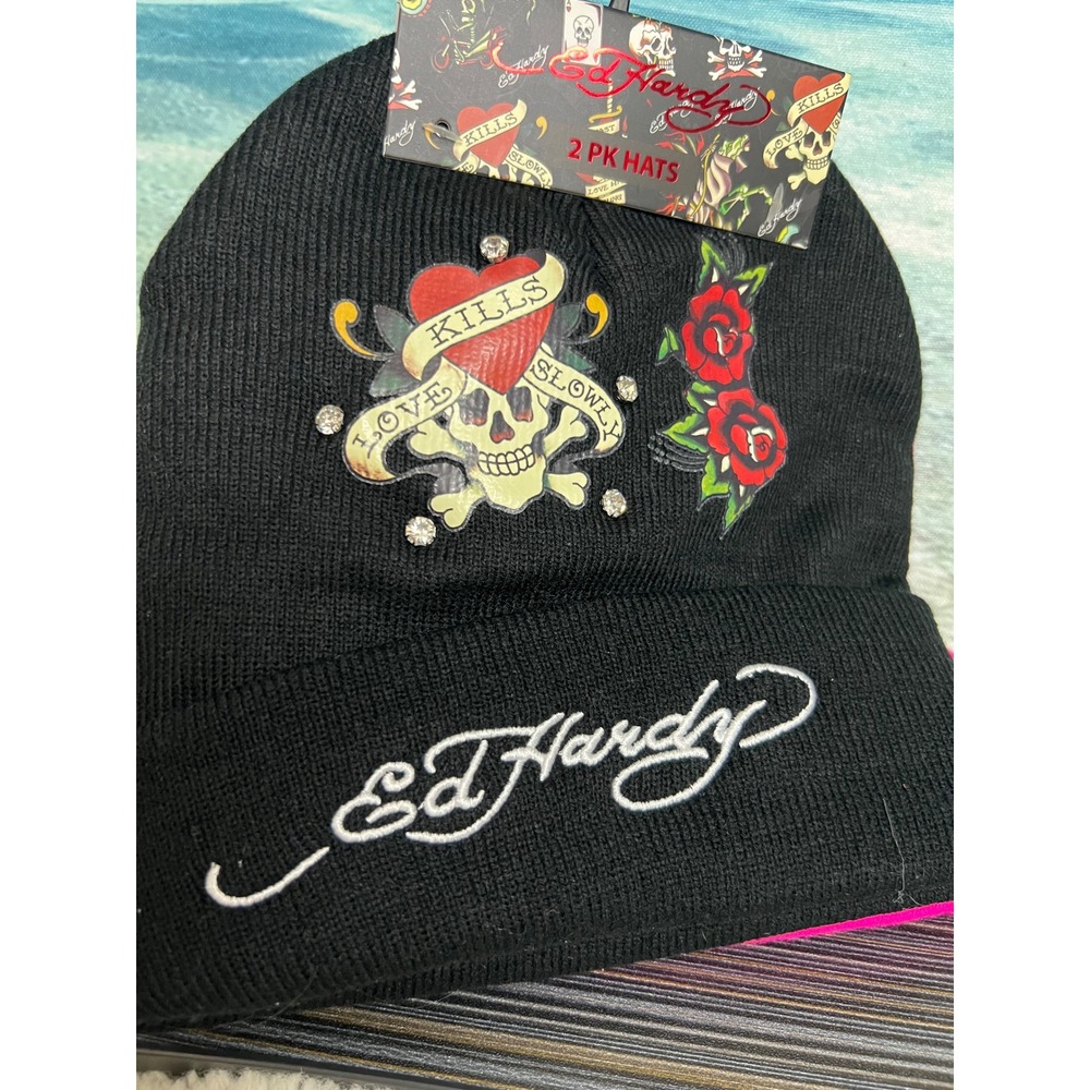 🎁Ed Hardy 2 Pack Beanies Black Pink Love Kills Slowly Rhinestone Hats - Picture 4 of 8